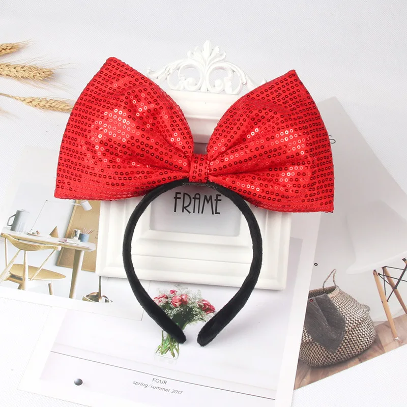 Big square Minnie Mouse Bow Headband Sequin Hairband Girls Hair Accessories Glitter Headwear Women Party Christmas Headband