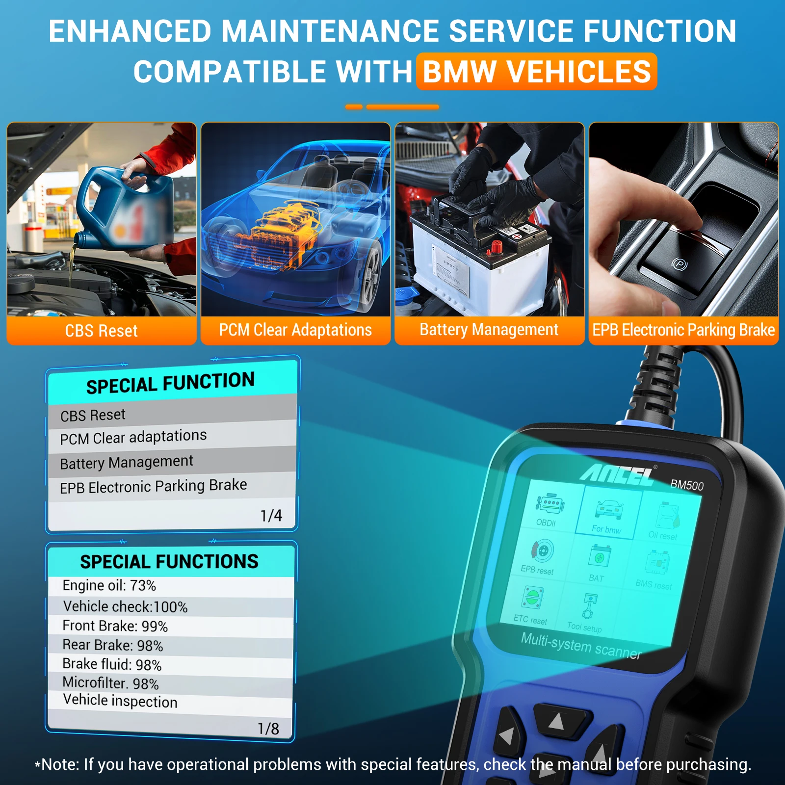ANCEL BM500 OBD2 Automotive Scanner for BMW E93 E65 Professional Airbag EPB SAS SRS TPMS Reset OBD2 Car Diagnostic Scan Tool