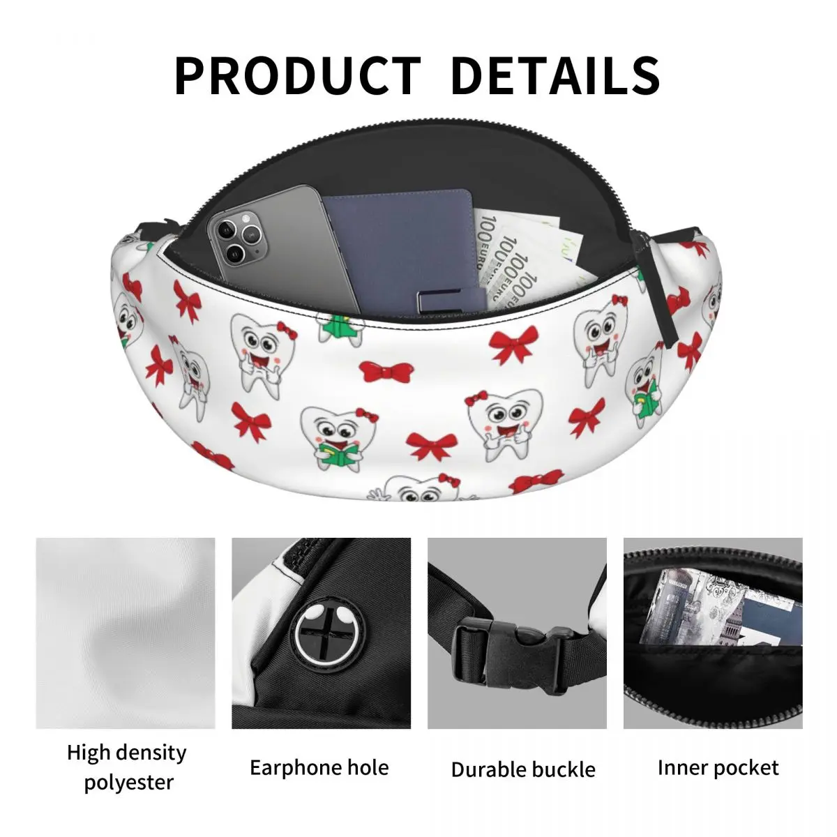 مخصص لطيف الأسنان مع القوس الأحمر الأسنان حزمة مراوح النساء الرجال أزياء طبيب الأسنان Crossbody الخصر حقيبة للمشي الهاتف المال الحقيبة