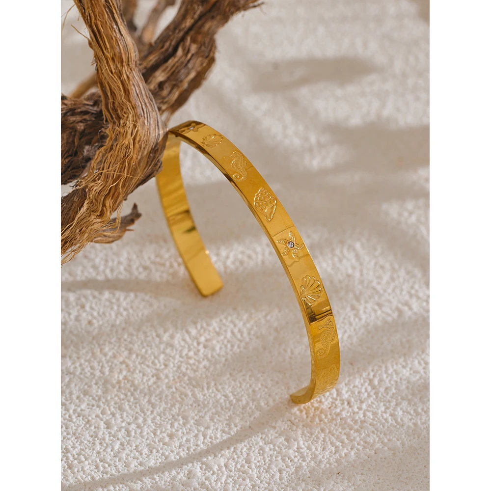 Yhpup Ocean Series Stainless Steel Shell Seahorse Starfish Conch Open Bracelet Bangle Tarnish Resistant Summer Holiday Jewelry