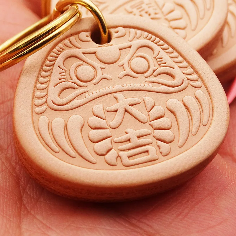 Dharma Key Chain Genuine Leather Cowhide Pendant Peaceful Greetings Bliss Fortune Luck Bag Charm Gift for Friends Accessories