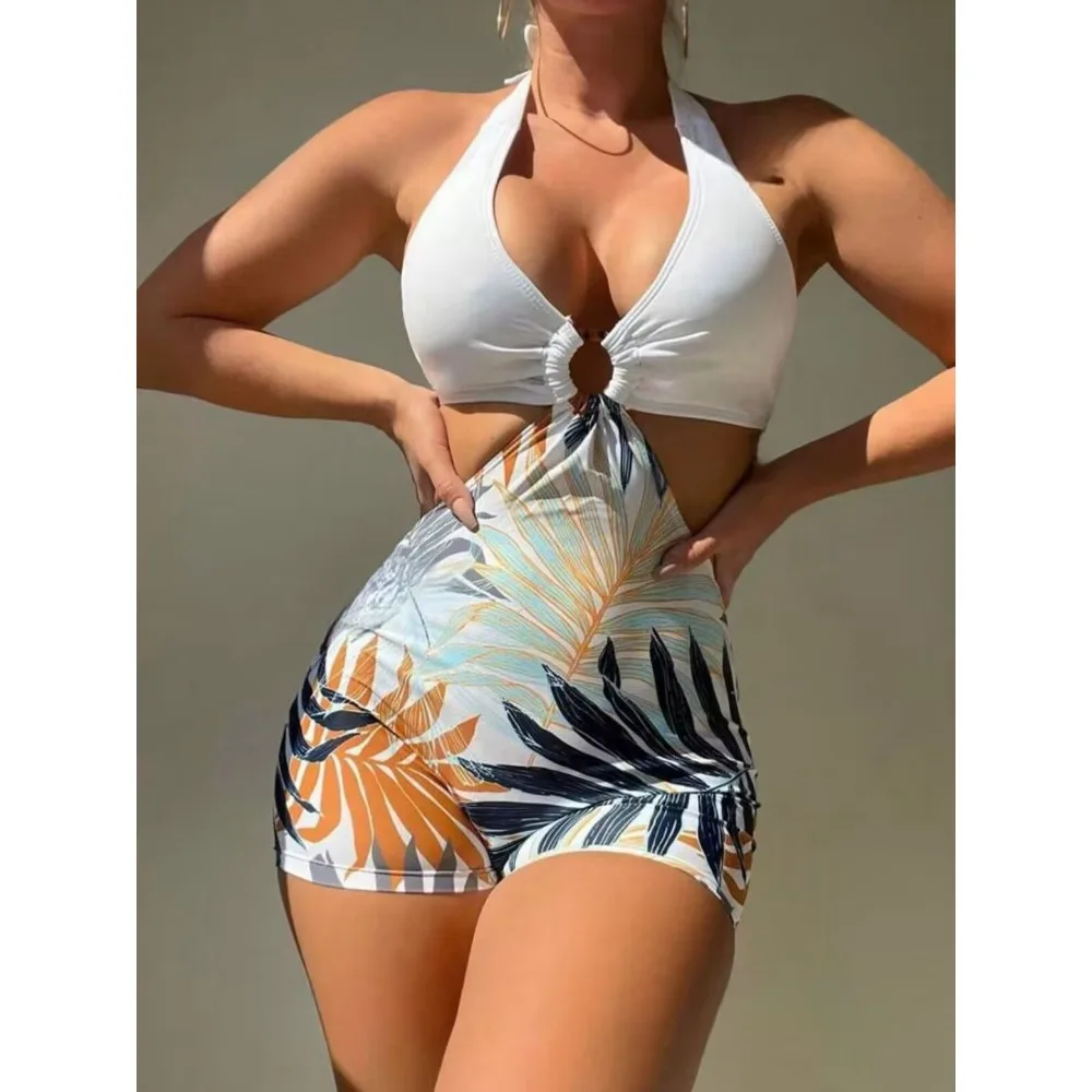 

New Halter Women Boyleg One Piece Padded Swimsuit Sports Print Bodysuit Cut Out Bathing Swimming Suit Beach Wear Summer Monokini