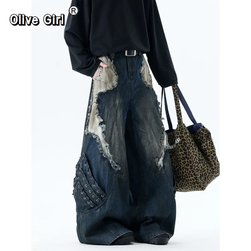 

Nail Bead Workwear Jeans Vibe Plus Size High-street Women's Jeans Men Trousers Wide-legged Dragging Oversized Loose Pant
