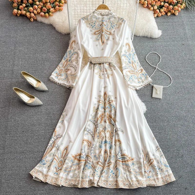 Elegant Vintage Court Style Women's Long Dresses Flare Sleeve Lapel Single Floral Print Skinny Vestidos Spring Autumn Dress