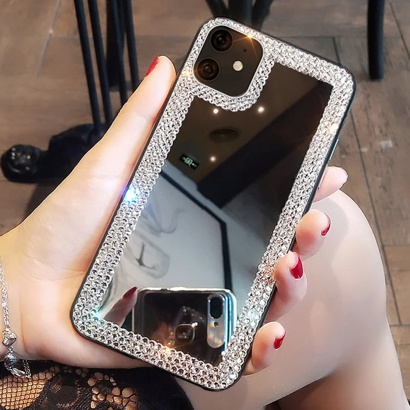 Luxury Glitter Diamond Makeup Mirror Phone Case For iPhone16 15 14 13 12 11 16ProMax X XR XS 7 8 Plus SE2 Bling Rhinestone Cover