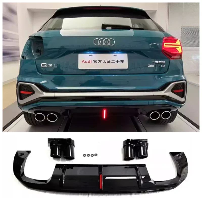 

For Audi Q2 2022 2023 2024 High Quality ABS Bright Black Car Trunk Bumper Rear Diffuser Exhaust Spoiler Cover（With LED Light）