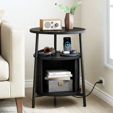 Black Small Round Side Table with Storage, Fluted Nightstand with Charging Station, Modern Bedside Tables, End Tables