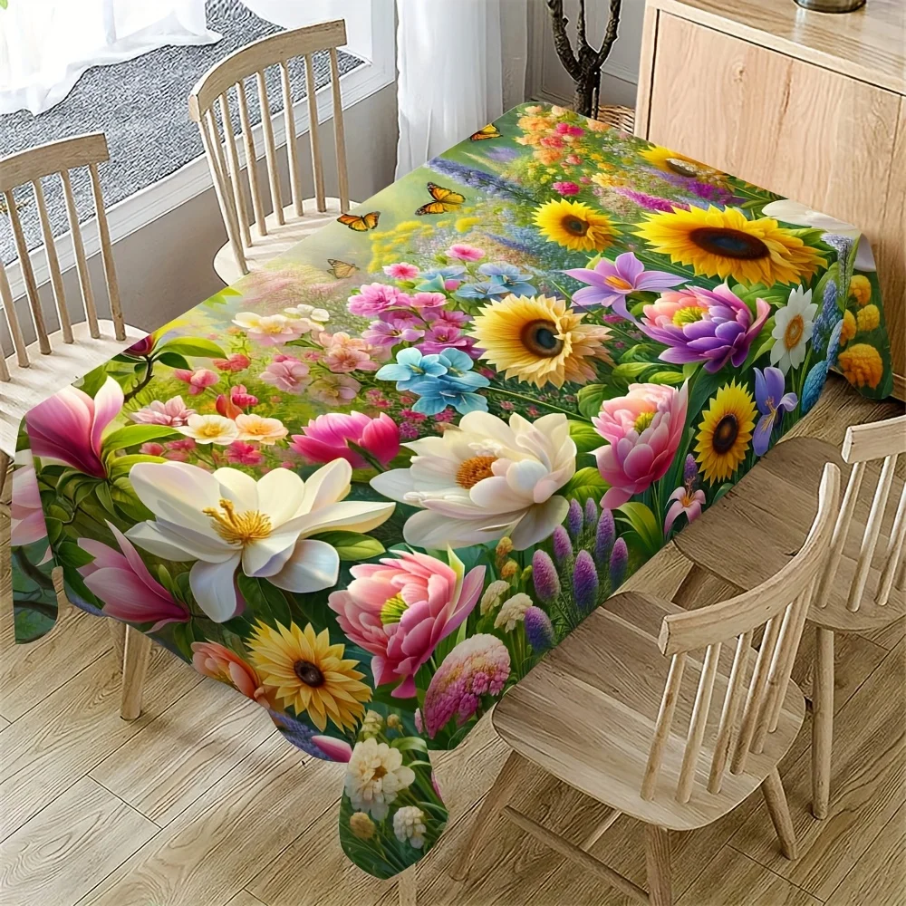 1pc Spring Summer Tablecloth/Butterfly, Magnolia, Tulip, Peony, Sunflower, Lily, Narcissus Floral Pattern Printed/Suitable for Indoor And Outdoor Use/Home Kitchen Dining Table Decoration/Holiday, Wedding, Party, Restaurant