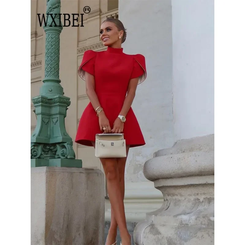 Elegant White Bow Mini Dress Short Sleeve Women Pad Shoulder Dresses Fashion Backless Hollow Out Lady Summer Chic Party Vestidos