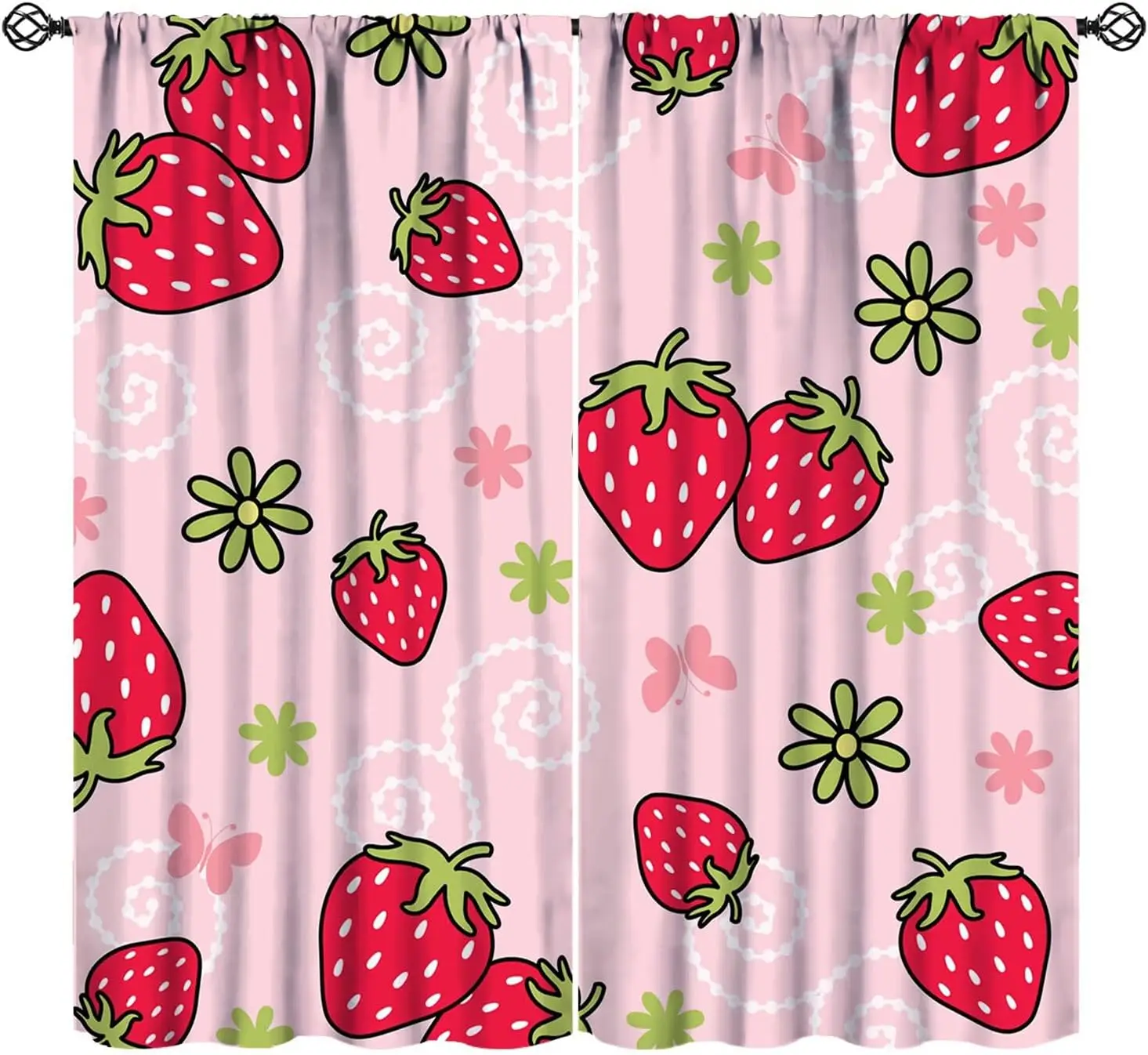 Fruit Blackout Curtains,Cute Cartoon Pink Strawberry Pattern Drapes Window 2 Panel Rod Pocket Curtain for Bedroom Living Room