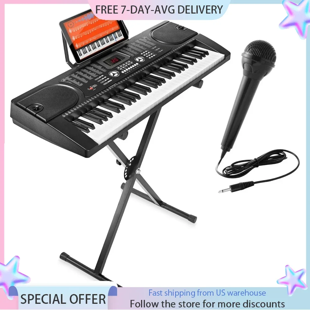 61-Key Electronic Piano Electric Organ Music Keyboard with Stand, Microphone, & Sticker Sheet - Black Electronic Piano