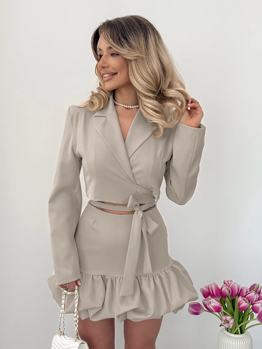

Marthaqiqi Autumn Women Pajama Set Long Sleeve Nightie Crop Top Nightwear Sexy Turn-Down Collar Nightgowns Skirts Sleepwear Suit