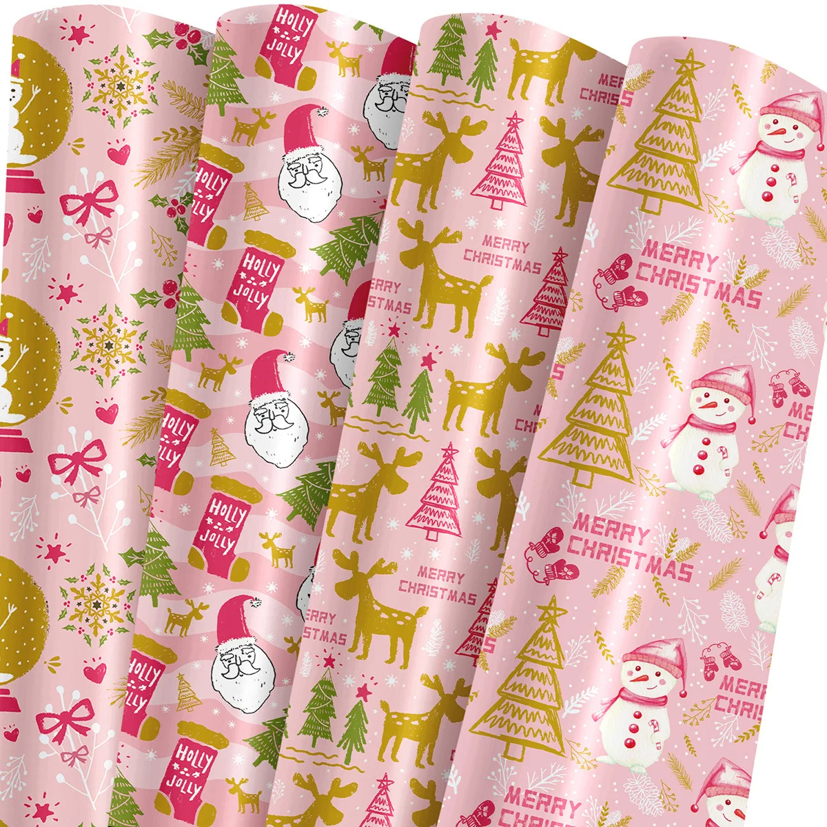 12Sheets Pink Christmas Holiday Wrapping Paper Santa Claus Snowman Design Gift Wrap Paper Folded Flat 4 Designs DIY Craft Paper
