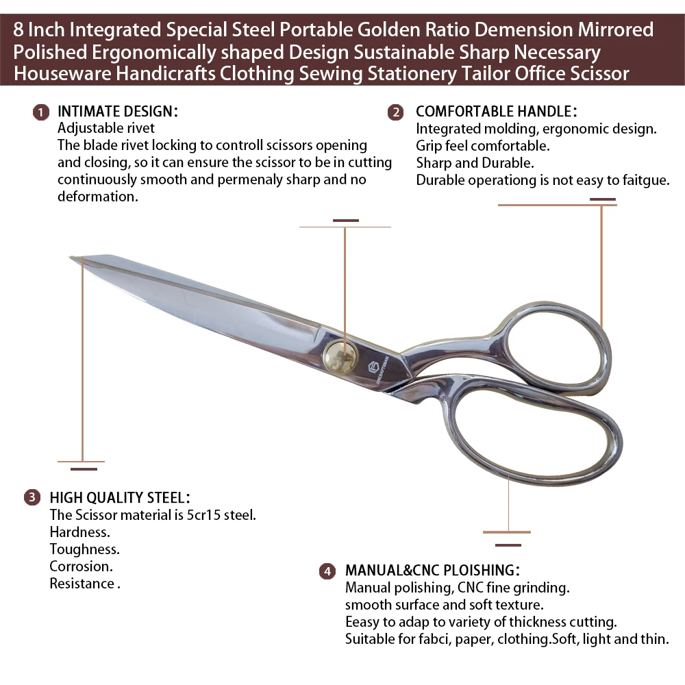 Jincraftsman®–8 Inch Integrated Steel Portable Ergonomically Sharp Handicrafts Clothing Sewing Stationery Tailor Office Scissor