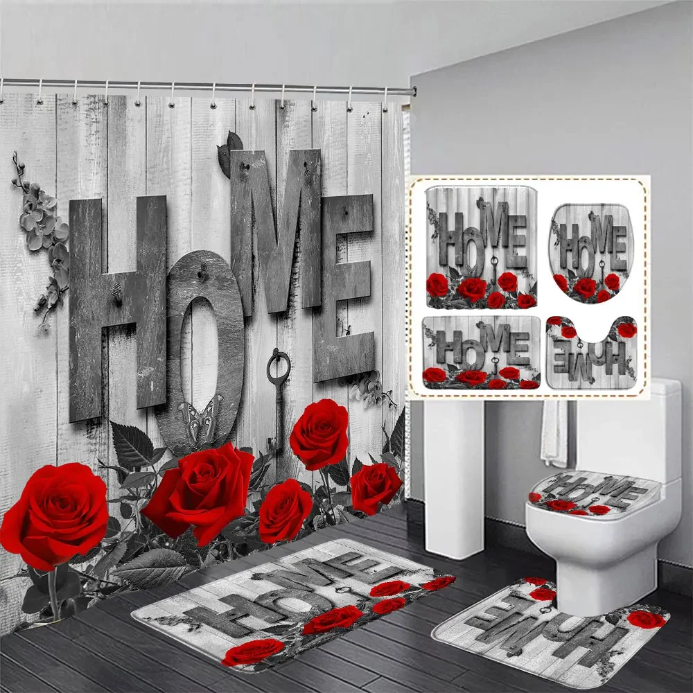 Valentine\'s Day Shower Curtain, Red Rose Perfume Bottle Truck Love Balloon Wooden Plank Romantic Bath Mat, Bathroom Decor Set