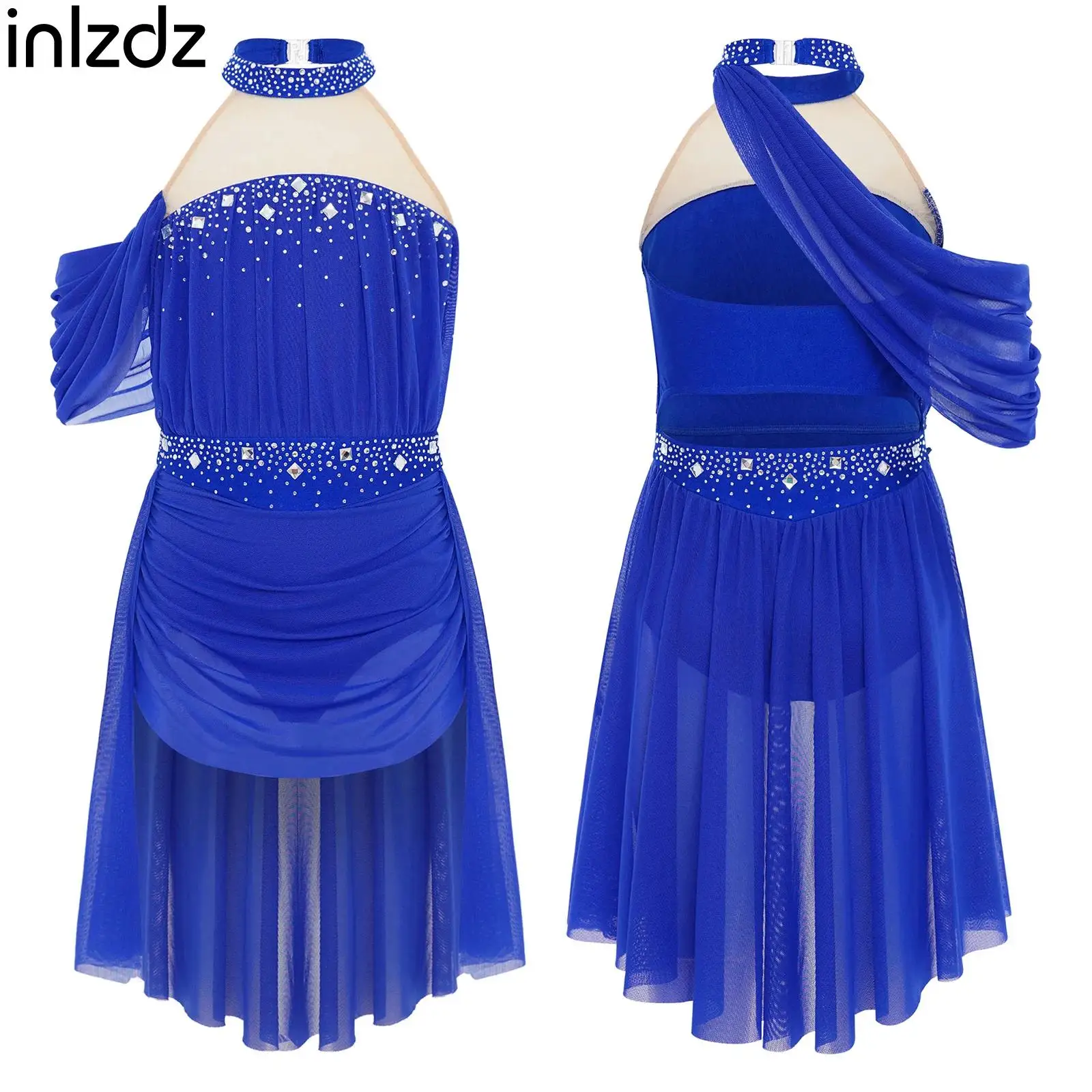 

Glittery Rhinestones Lyrical Modern Dance Dress Girls Halter Backless Ruched Mesh Drape Ballerina Dress for Performance Party