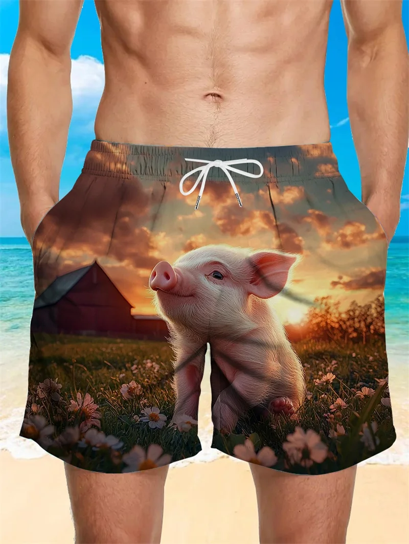 Новинка 2023 года, мужские милые мужские пляжные шорты с 3D принтом свиньи, повседневные свободные гавайские шорты, подходящие для мужской одежды