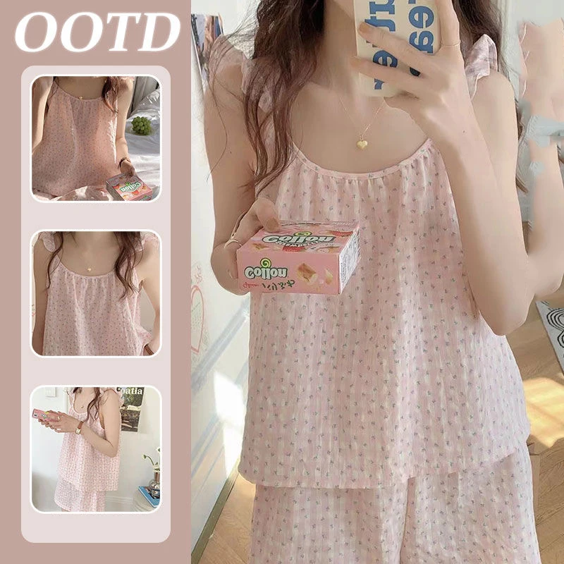

Floral Sleepwear Women Pajama Sets Korean Piiama O-neck Night Wears Shorts Sets 2 Pieces Summer Sleeveless Ruffle Home Suit 2025