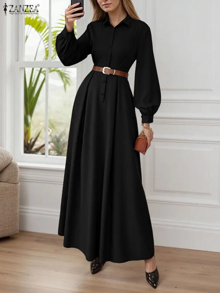 2023 ZANZEA Langarm Maxi Kleider Herbst Frauen Tasten Beiläufige Lange Hemd Robe Solide Elegante Büro Party Vestidos Kein Gürtel
