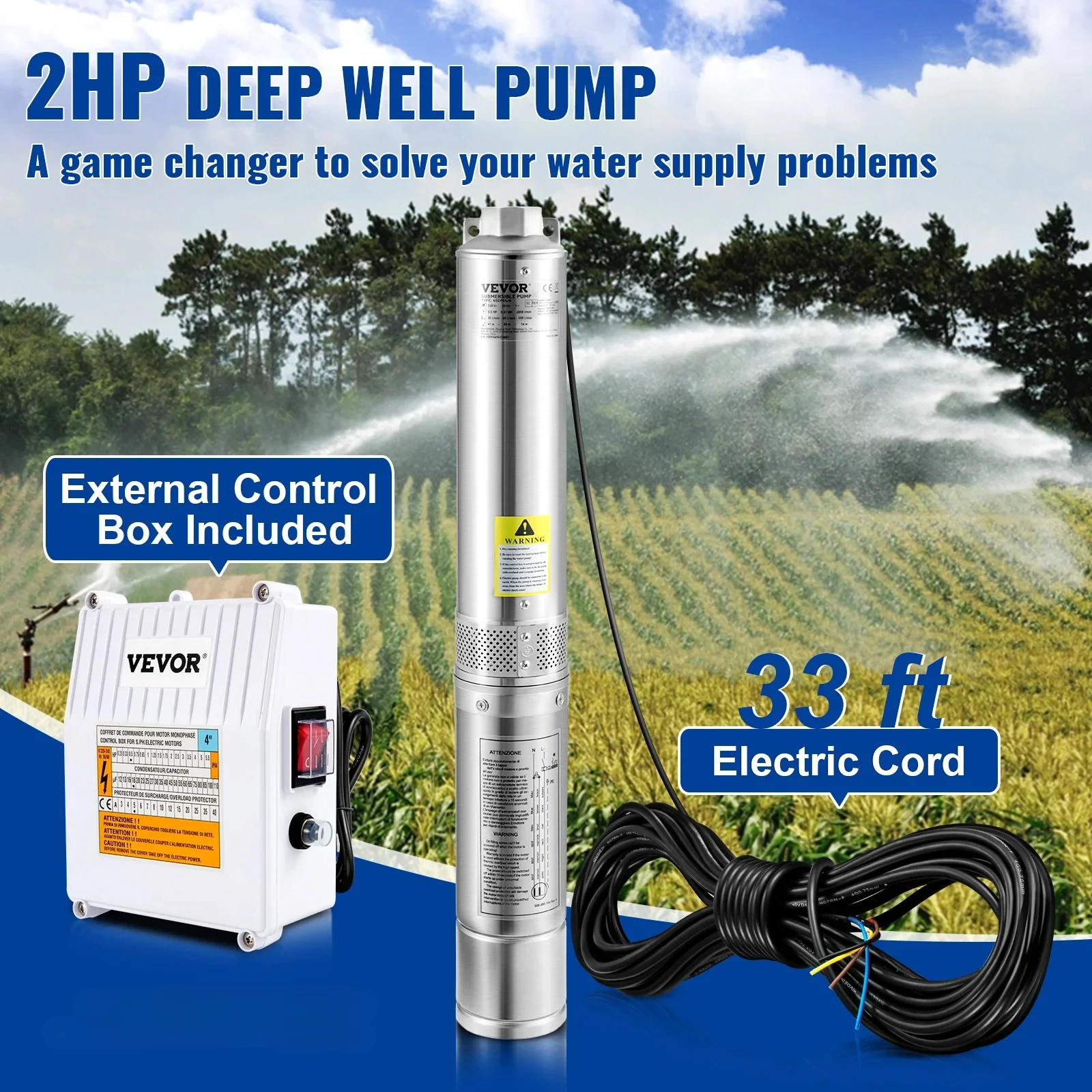 Deep Well Submersible Pump, 2HP 230V/60Hz, 37GPM 427 ft Head, with 33 ft Cord & External Control Box, 4 inch Stainless Steel