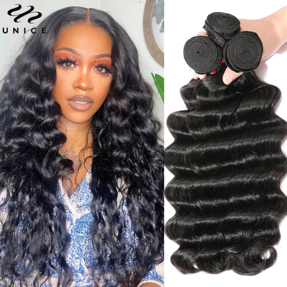 Unice Hair Loose Deep Wave Bundles 3/4 PCS Deal Natural Color 100% Human Hair Bundles Sew In Bundles Quick Weaves