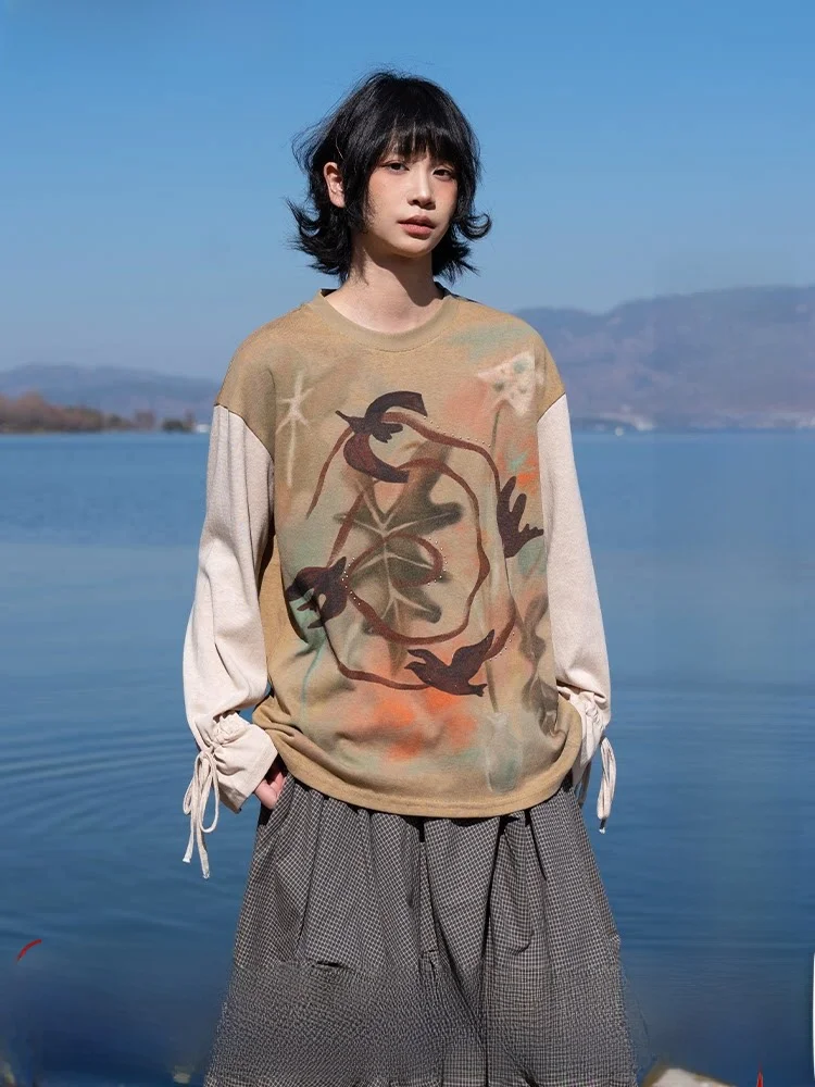 

Весна 2026, футболка Huhu Early Girl Haruko Soft Long Sve, повседневная цветная блузка с принтом, смесь хлопка и полиэстера, круглый Ne