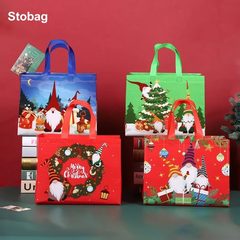 StoBag 12pcs Merry Christmas Non-woven Gift Bags Tote Fabric Kids Children Packaging Waterproof Storage Reusable Pouch Party