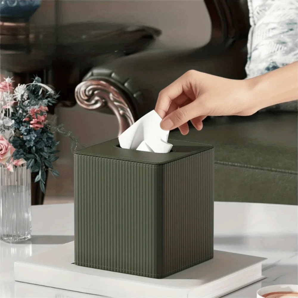 PU Leather Square Tissue Box Roman Column Stripe Magnetic Closure Tissue Dispenser Short Pile Lining Widened Opening