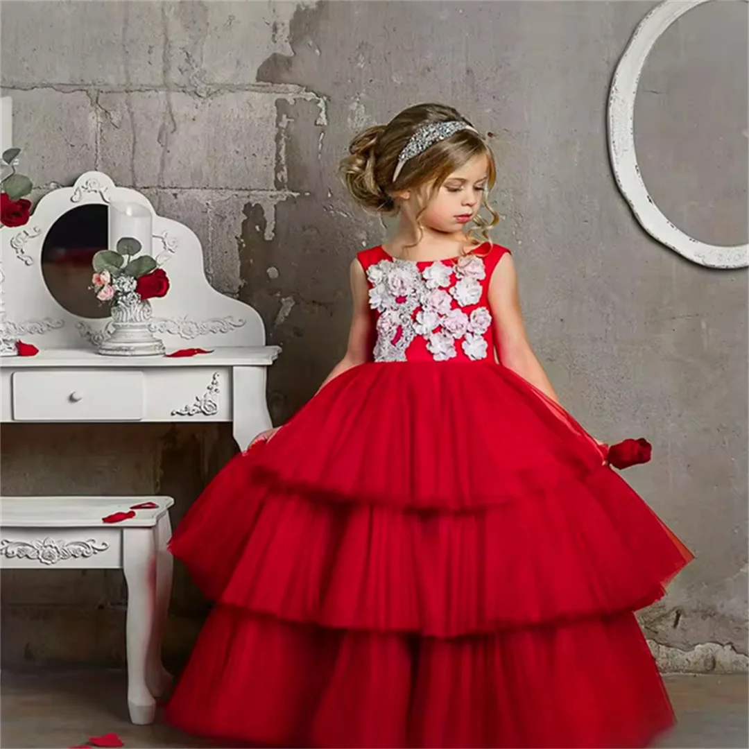 Red Lovely Sleeveless Tulle Lace Printing Flower Girl Dress Princess Ball First Communion Dresses Kids Surprise Birthday Present