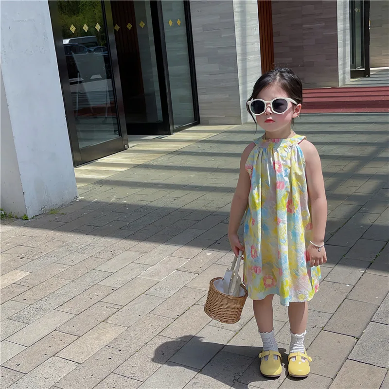 

2025 Summer New Korean Version of Children's Clothing Girls French Neck-hanging Holiday Style Suspender Skirt Flower Vest Skirt