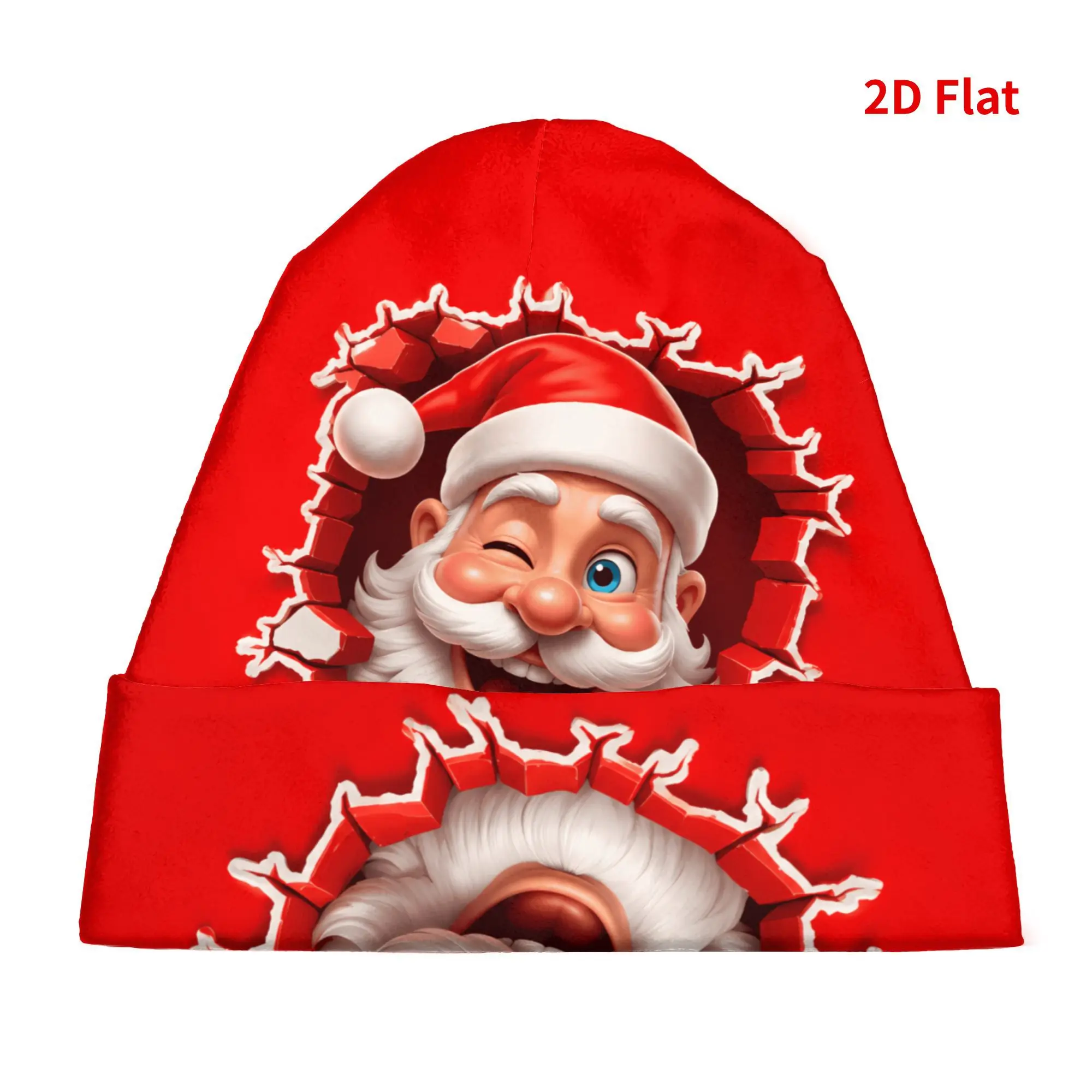 Winking Santa Hat 2D Print Bonnet with Smiling Face, Warm Thin Beanie Suitable for Casual Wear, Christmas Parties