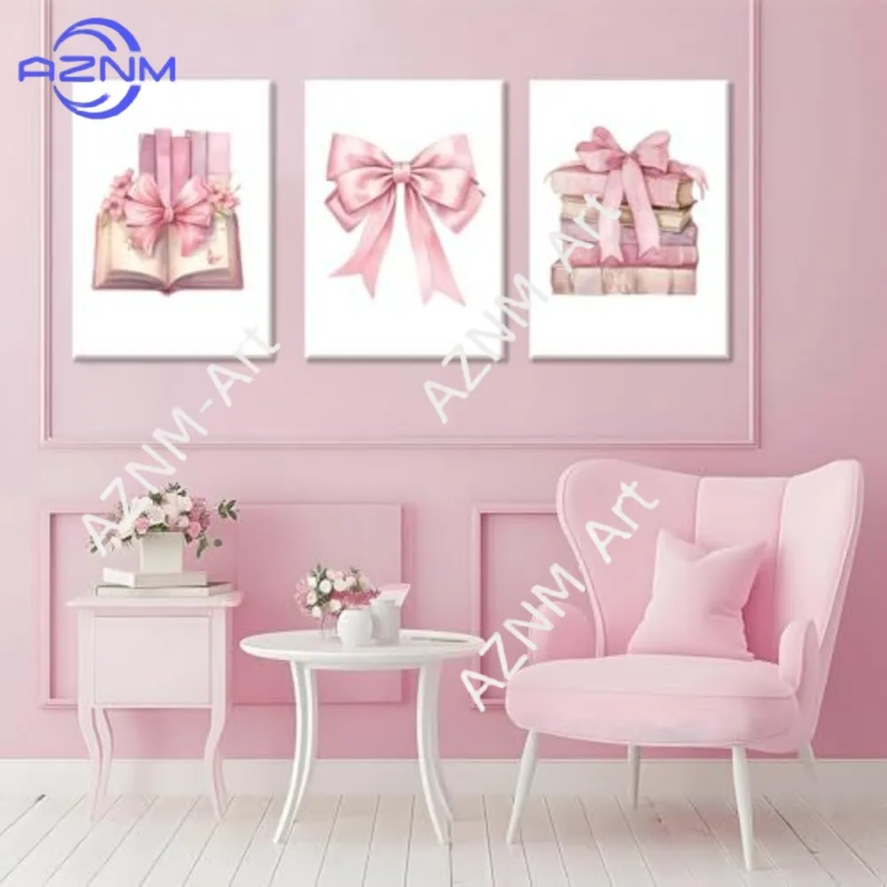 1Pc/3Pcs Modern Y2K lovely pink bow book flowers living room canvas decoration hanging picture frameless poster core