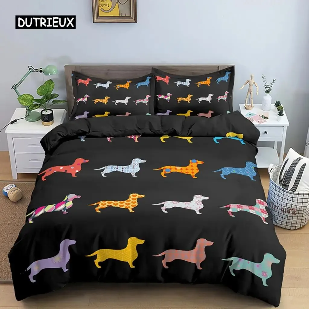 Dachshund Dog Bedding Set, Cute Colorful Puppy Duvet Cover, Cartoon Polyester Quilt Cover, Pet Dog Home Textiles King Queen