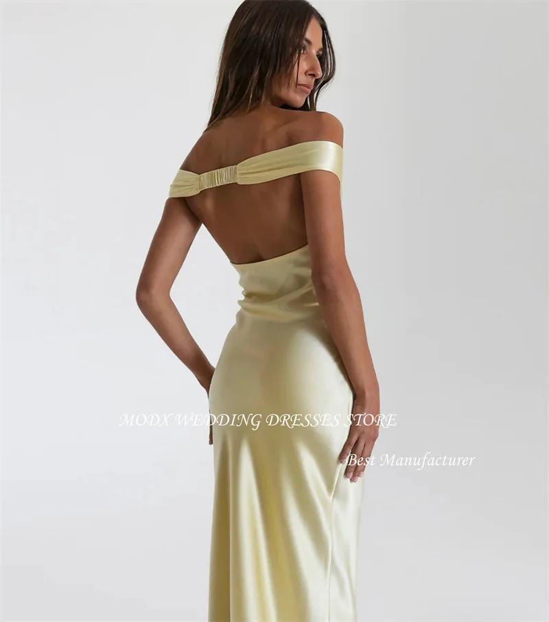 MODX-Vestidos de Noche amarillos con hombros descubiertos, Mangas de satén de seda, vestidos largos sin espalda para baile de graduación, vestido de fiesta Formal, Dubai, Árabe