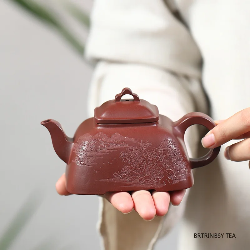 

230ml Yixing Purple Clay Teapot Hand-carved landscape Beauty Tea Pot Household Handmade Square Kettle Chinese Zisha Tea Set