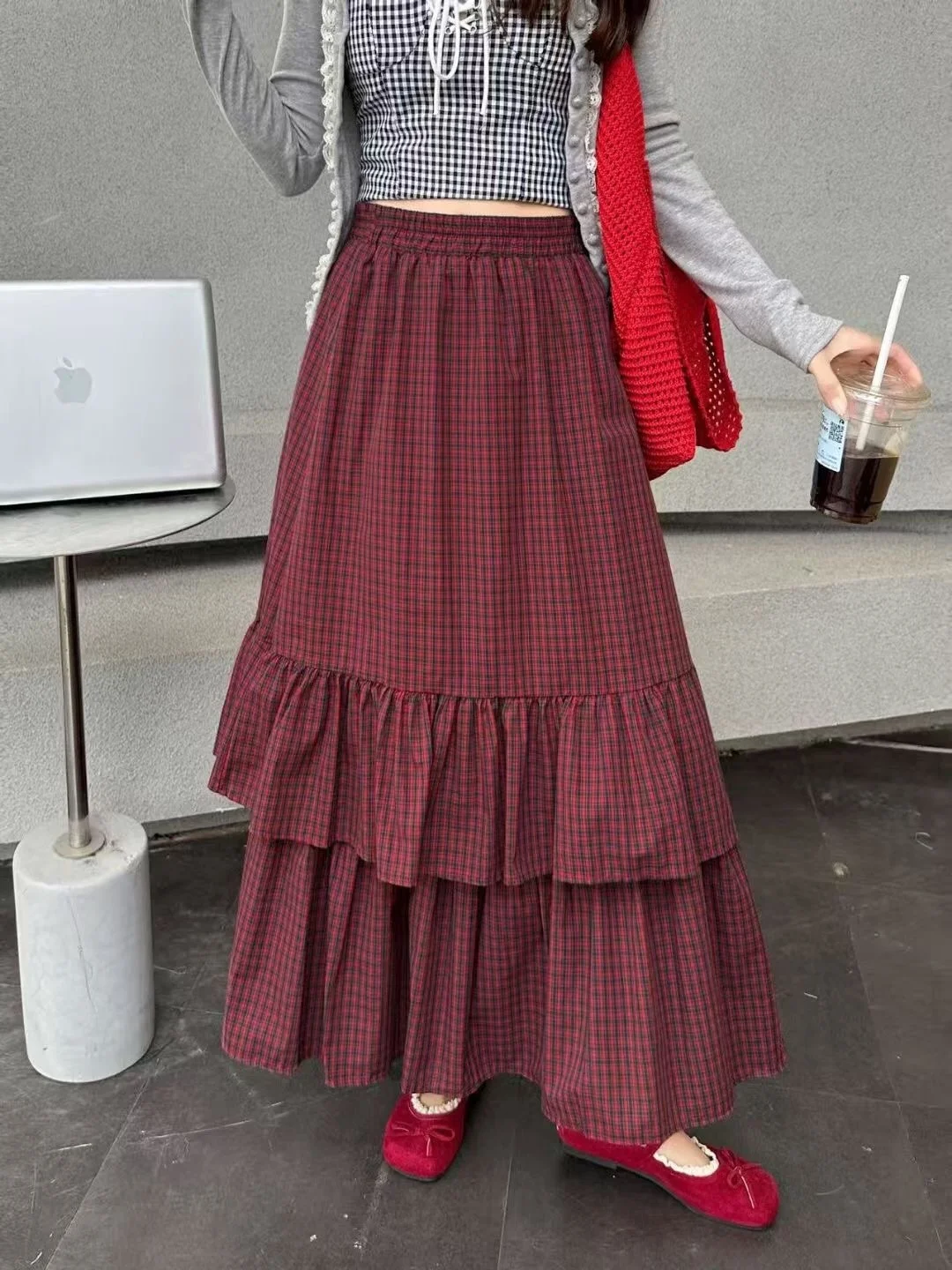 

Американская ретро-юбка в красную клетку, свободная, А-силуэта, многоярусная, с высокой талией, из полиэстера, повседневная, женская