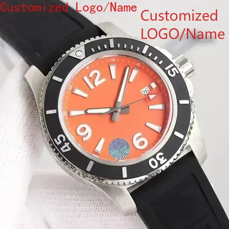 ساعات رجالي فائقة المحيط فاخرة باللون الأسود والأزرق المضيء من الفولاذ المقاوم للصدأ بإطار دوار من المطاط الميكانيكي الأوتوماتيكي حسب الطلب #2