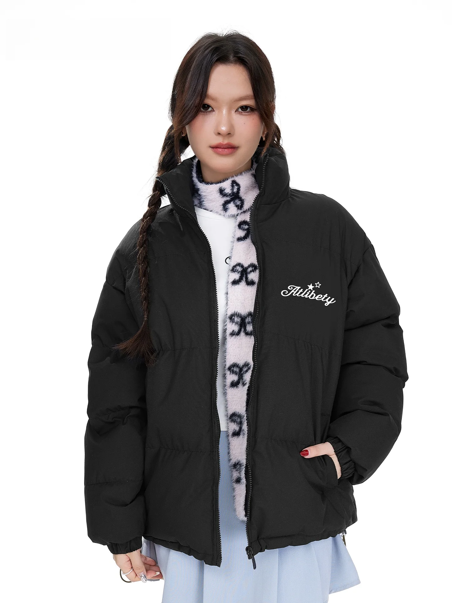 

ATLIBE2025 Winter Thiened Casual Loose Cotton Jaet Retro American Letter Print Stand Collar Warm Outerwear