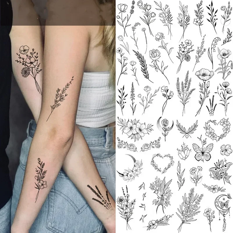 Black Flower Tattoo Sketch Tattoo Sticker  Rose Blossom Tattoo Temporary Waterproof