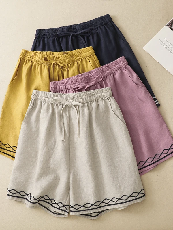 Retro Embroidered Wide Leg Hot Pants Women's Elastic Waist Belted Five-Quarter Loose Casual Shorts Commute A-Line Pants