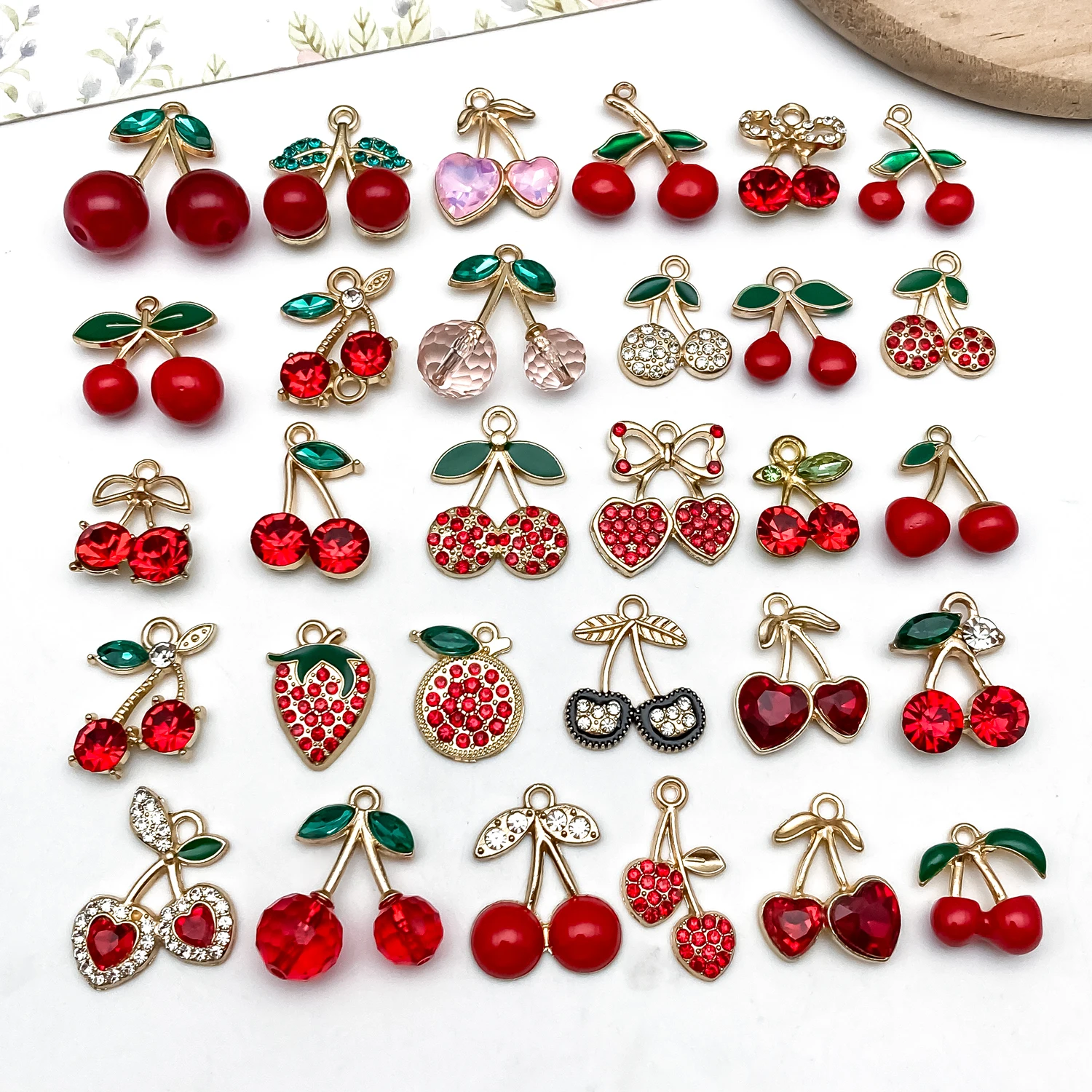 10/20//30pcs Sweet Cherry & Strawberry Alloy Pendants – Diamond-Accented Enamel Craft, Perfect for DIY Earrings, Bracelets, Neck
