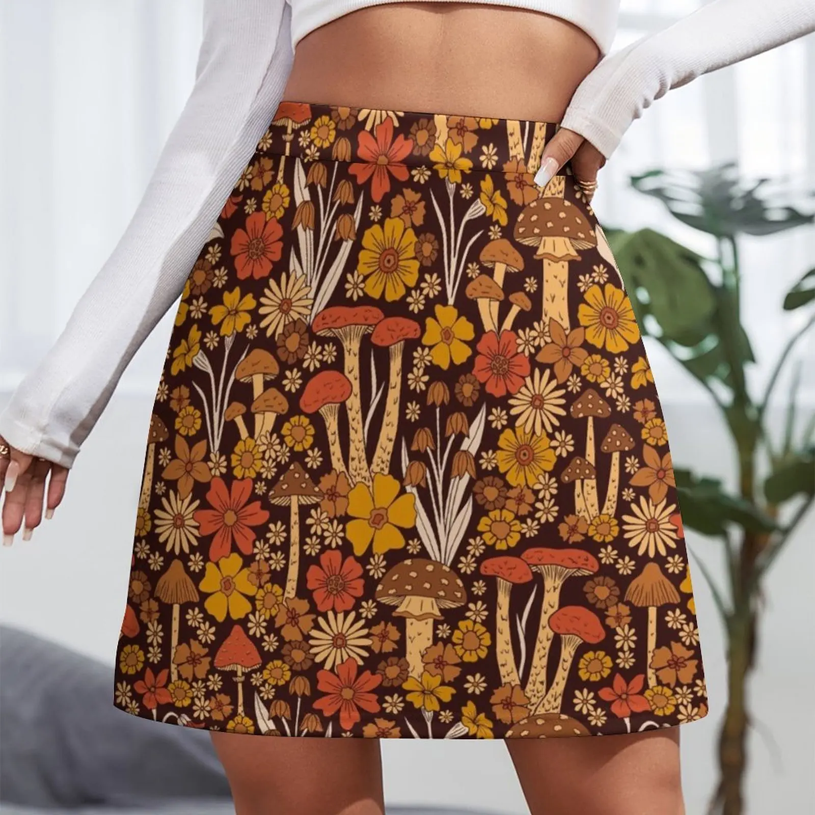 Retro 1970s Brown & Orange Mushrooms & Flowers Mini Skirt night club outfits skirts