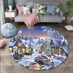 Christmas Woods Snow Scene Carpet Xmas New Year Gift Elk Bohemian Style Living Room Dormitory Home Party Decor Round Rugs