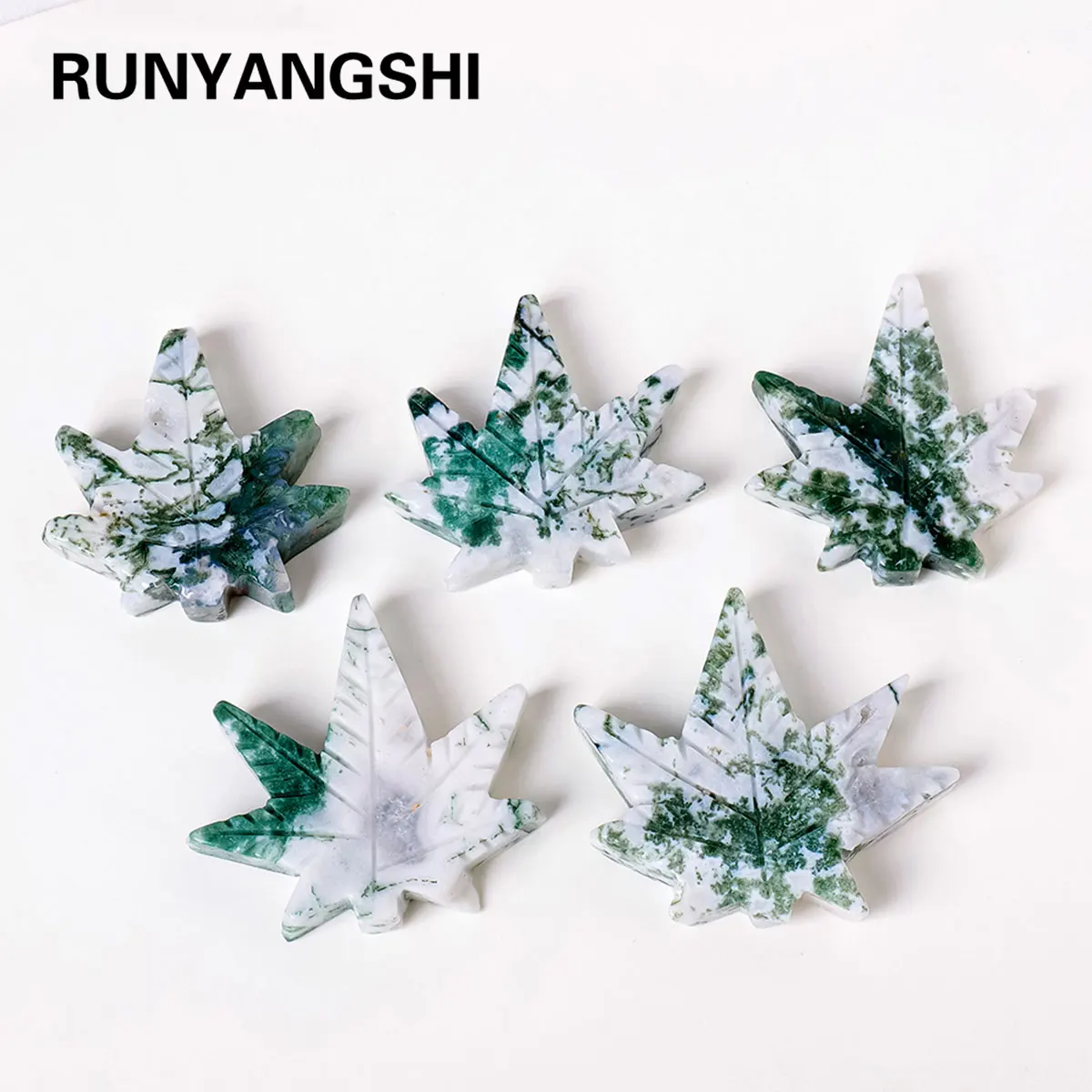 1PC Natural Crystal Leaf Statue Moss Agate Crafts Carving Maple Leaves Jewelry Pendant Production Room Home courtyard Decoration