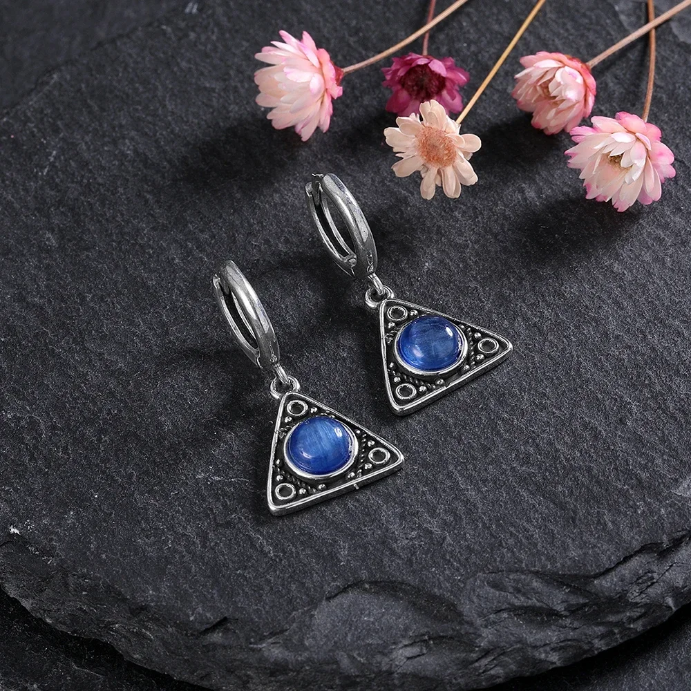 Triangle Natural Kyanite Earrings Vintage Jewelry Variety of Gems Pendant Silver Plated Moonstone Drop Earring for Women