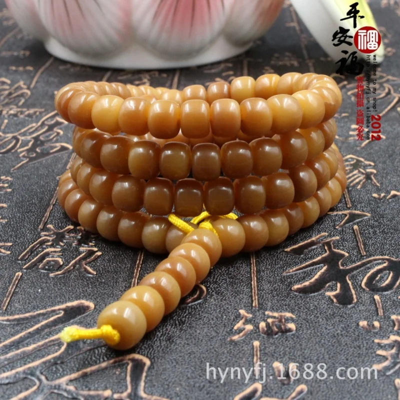 Naturally root barrel 108-piece Buddhist bead , old weathered yellow Bodhi apple beads bracelet, p