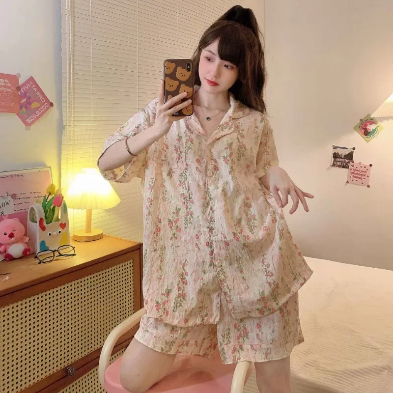 5XL Plus Size 3PCS/Set Women Spring Summer Pajamas Cardigan Short-Sleeved Sweet Homewear Print Loose Loungewear Suit 120kg