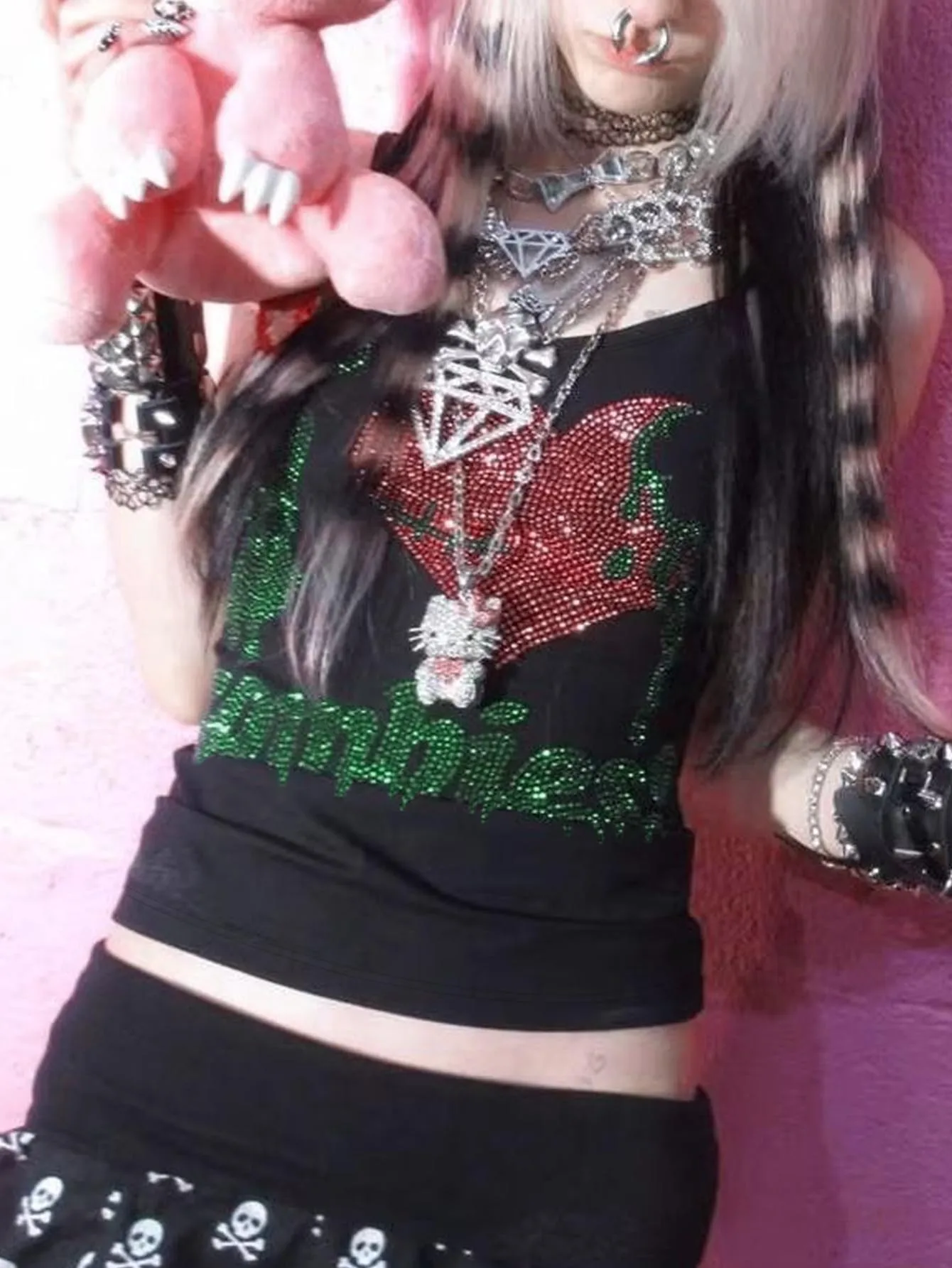Rhinestone Zombie Graphic Print Cami Top Women Black Y2K Aesthetic Goth Top