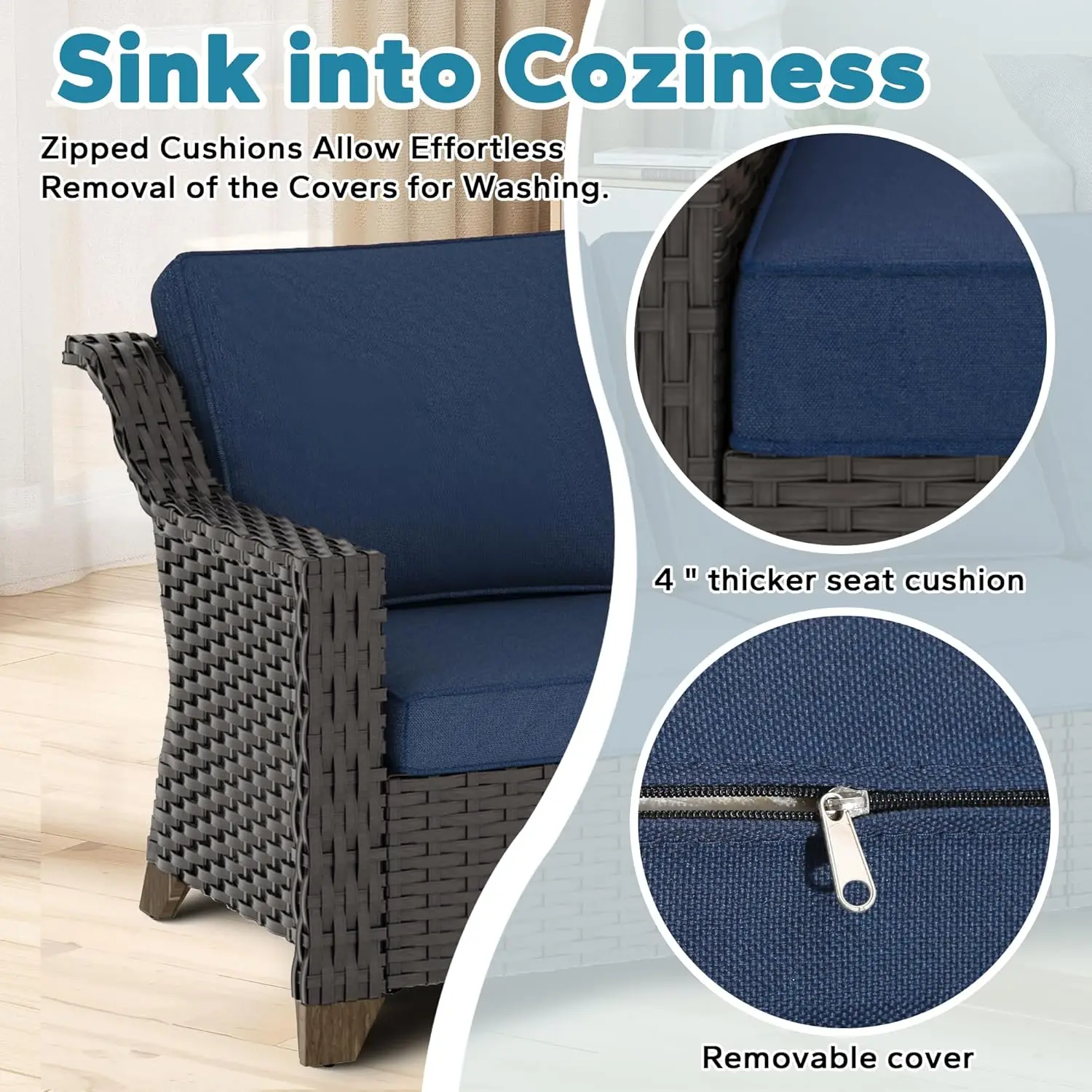 Poltrone da esterno in rattan PE da 2 pezzi con cuscini lavabili, blu navy