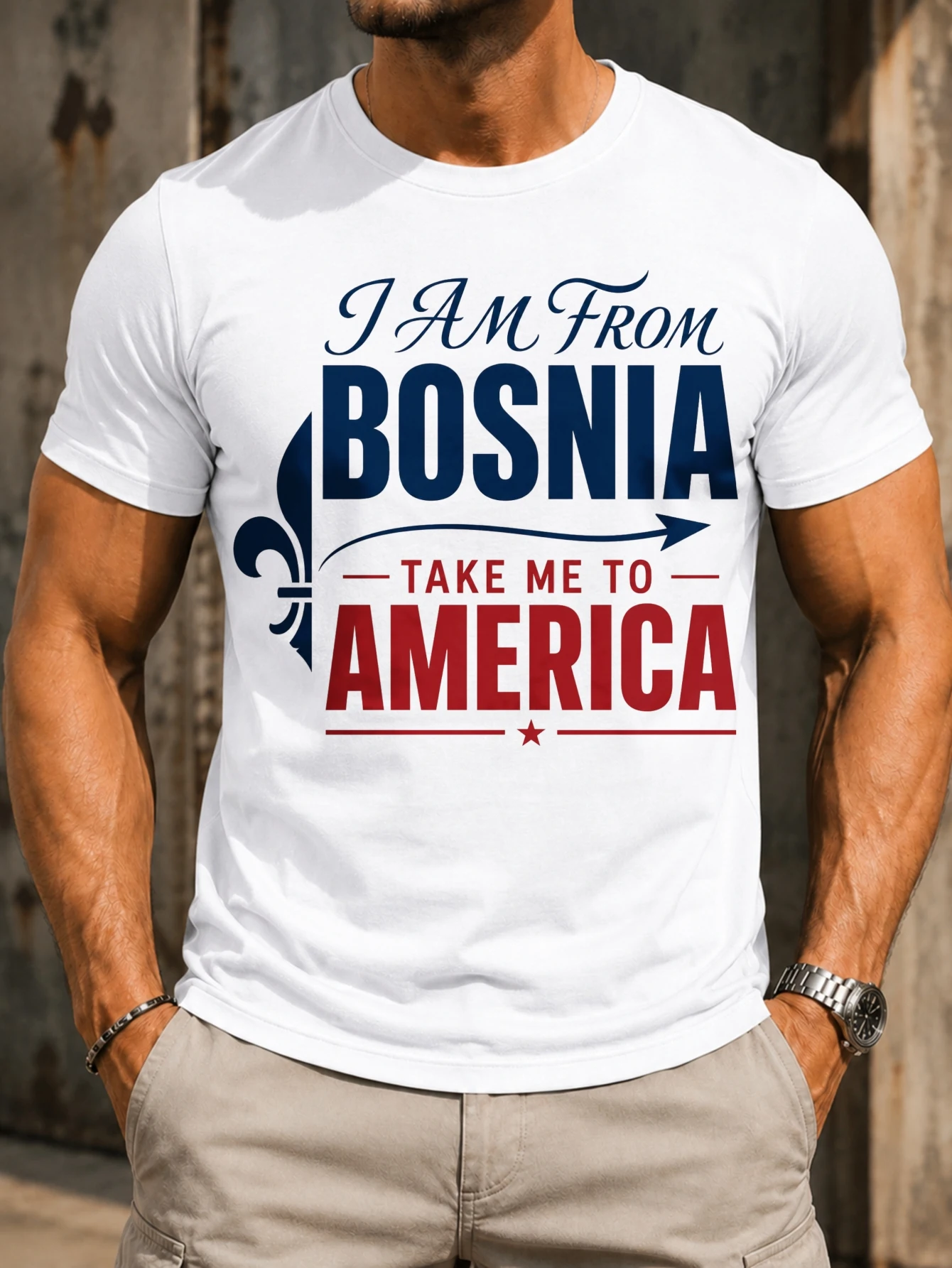 I Am From Bosnia Take Me To America  bold navy red typography fleurdelis arrow line clean travel  Unisex All T-Shirt